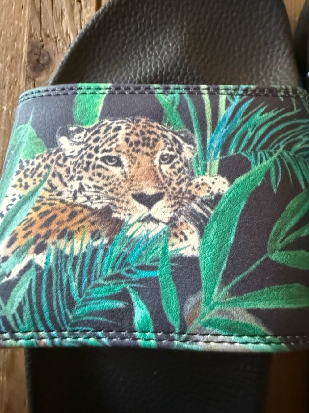 Johnny Was Black Slide Sandals with Green Tropical Leopard Print - Picture 3 of 5